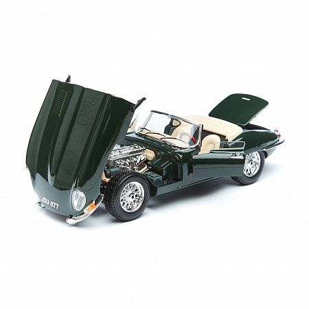 На картинке изображен Машинка Bburago 1:18 Jaguar E Cabriolet 1961 (18-12046) green Машинка Bburago 1:18 Jaguar E Cabriolet 1961 (18-12046) green
