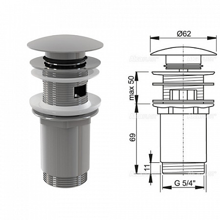 Водослив Alcaplast для умывальника click/clack 5/4, цельнометаллический с большой заглушкой A392
