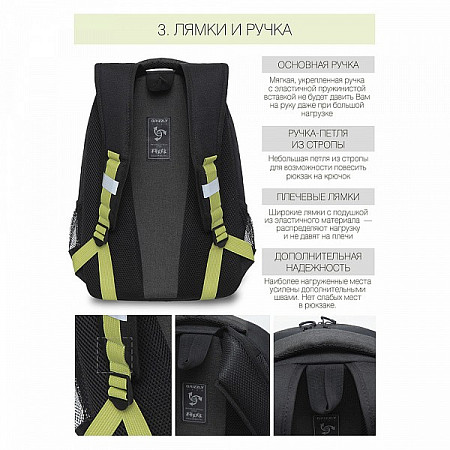 На картинке изображен Рюкзак школьный GRIZZLY RB-154-3 /2 black/light green Рюкзак школьный GRIZZLY RB-154-3 /2 black/light green