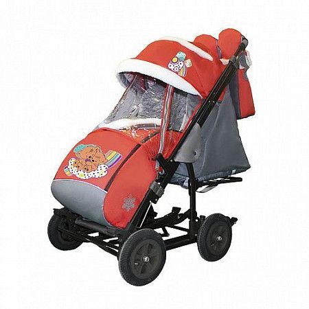 Санки-коляска Snow Galaxy City-3-2 Два медведя на облаке на красном на больших надувных колесах +сумка+варежки