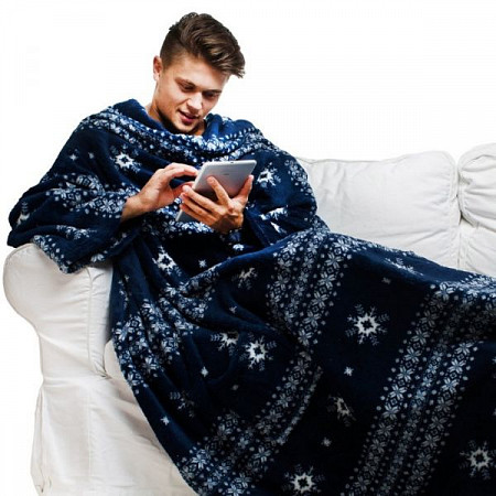 Плед с рукавами Sleepy New Year Snowflake Blue с белыми снежинками