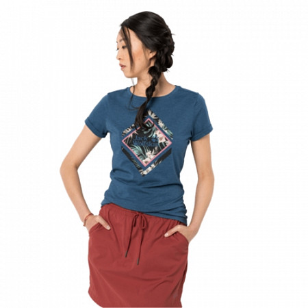 На картинке изображен Футболка женская Jack Wolfskin Tropical Square T W ocean wave Футболка женская Jack Wolfskin Tropical Square T W ocean wave