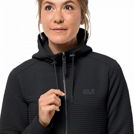 На картинке изображен Джемпер женский Jack Wolfskin Modesto Hooded Jkt Women black Джемпер женский Jack Wolfskin Modesto Hooded Jkt Women black