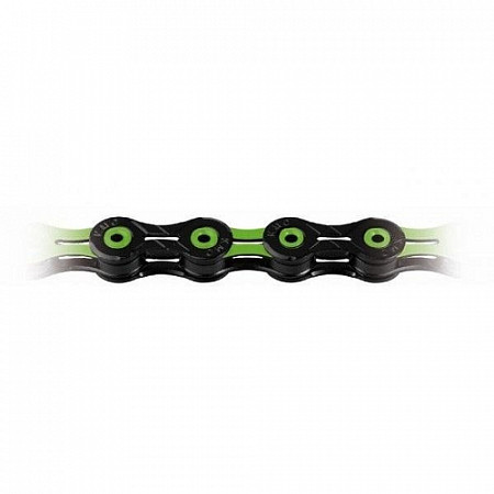 На картинке изображен Велоцепь KMC DLC X11SL, 11 скоростей, 116L, black-green BXSL11GG Велоцепь KMC DLC X11SL, 11 скоростей, 116L, black-green BXSL11GG