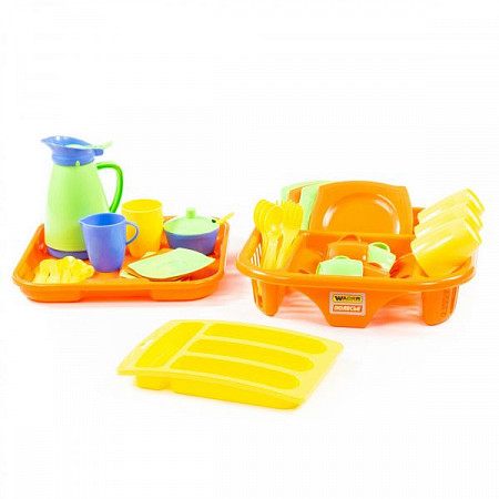 На картинке изображен Набор детской посуды Полесье с сушилкой 40718 Набор детской посуды Полесье с сушилкой 40718