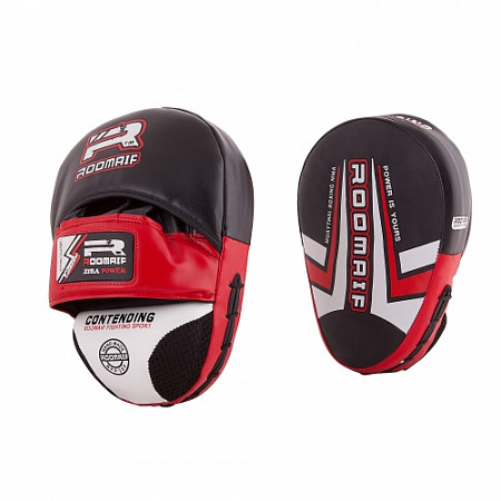 На картинке изображен Лапы боксерские гнутые Roomaif RFP-200 red/black/white Лапы боксерские гнутые Roomaif RFP-200 red/black/white