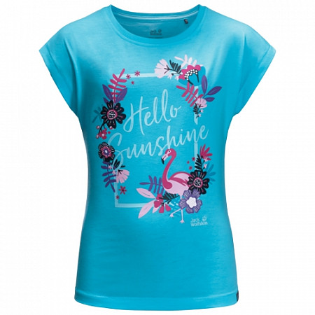 На картинке изображен Футболка детская Jack Wolfskin Sunshine T Girls atoll blue Футболка детская Jack Wolfskin Sunshine T Girls atoll blue