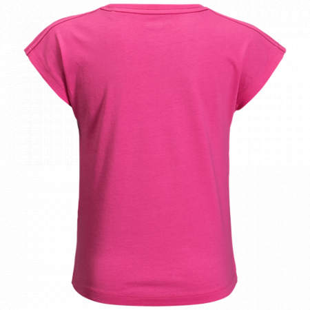 На картинке изображен Футболка детская Jack Wolfskin Tropical T Girls pink peony Футболка детская Jack Wolfskin Tropical T Girls pink peony