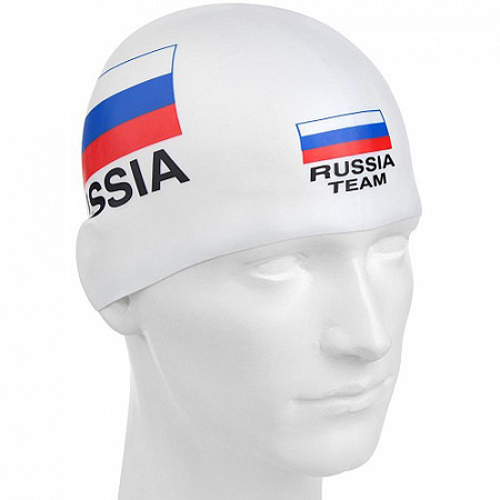 На картинке изображен Шапочка для бассейна (плавания) взрослая Mad Wave Print Russian Team white Шапочка для бассейна (плавания) взрослая Mad Wave Print Russian Team white