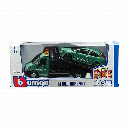 Масштабная модель автомобиля Bburago Street Fire Эвакуатор и Ford Focus ST 1:43 (18-31400) Black/Green
