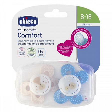 На картинке изображен Пустышка силиконовая Chicco Physio Comfort 6-16 мес 2 шт 00074933210000 Пустышка силиконовая Chicco Physio Comfort 6-16 мес 2 шт 00074933210000