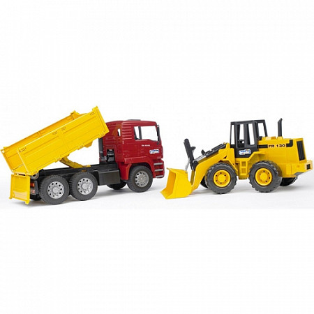 На картинке изображен Игрушка Bruder Самосвал MAN с колёсным бульдозером FR 130 (подходит модуль со звуком и светом "H") 02-752 Игрушка Bruder Самосвал MAN с колёсным бульдозером FR 130 (подходит модуль со звуком и светом "H") 02-752