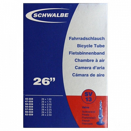 На картинке изображен Велокамера FV Schwalbe 26"х1.5-2.5" (40-62х559), SV13, велониппель 10425363 Велокамера FV Schwalbe 26"х1.5-2.5" (40-62х559), SV13, велониппель 10425363