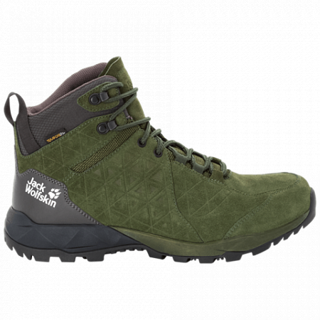 На картинке изображен Ботинки мужские Jack Wolfskin Cascade Hike Lt Texapore Mid M dark moss / phantom Ботинки мужские Jack Wolfskin Cascade Hike Lt Texapore Mid M dark moss / phantom