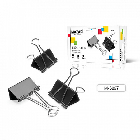 На картинке изображен Зажимы для бумаг Mazari 32 мм М-6897 black Зажимы для бумаг Mazari 32 мм М-6897 black