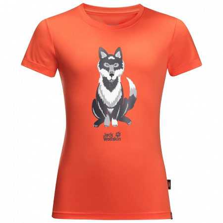 На картинке изображен Футболка детская Jack Wolfskin Wolf T Kids mango orange Футболка детская Jack Wolfskin Wolf T Kids mango orange