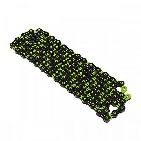 На картинке изображен Велоцепь KMC DLC X11SL, 11 скоростей, 116L, black-green BXSL11GG Велоцепь KMC DLC X11SL, 11 скоростей, 116L, black-green BXSL11GG