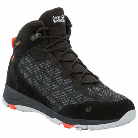 На картинке изображен Ботинки женские Jack Wolfskin Activate Xt Texapore Mid W black / orange coral Ботинки женские Jack Wolfskin Activate Xt Texapore Mid W black / orange coral