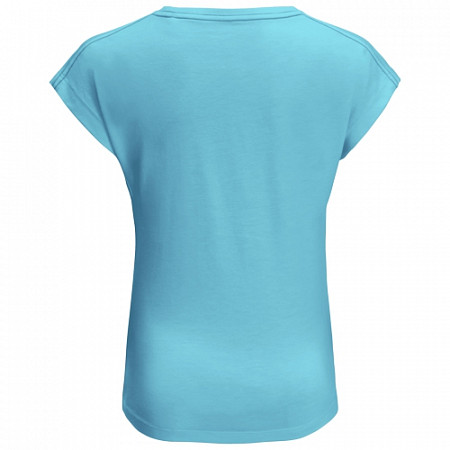 На картинке изображен Футболка детская Jack Wolfskin Flamingo T Girls gulf stream Футболка детская Jack Wolfskin Flamingo T Girls gulf stream