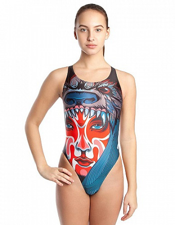 На картинке изображен Купальник спортивный женский Mad Wave Tribe blue/red Купальник спортивный женский Mad Wave Tribe blue/red