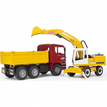 Игрушка Bruder Самосвал MAN с колёсным экскаватором Liebherr (подходит модуль со звуком и светом "H") 02-751