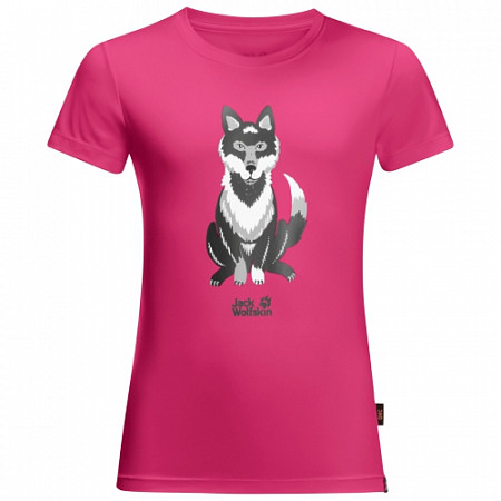 На картинке изображен Футболка детская Jack Wolfskin Wolf T Kids pink peony Футболка детская Jack Wolfskin Wolf T Kids pink peony