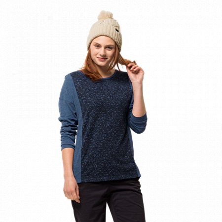 На картинке изображен Футболка женская Jack Wolfskin Moro Panel Longsleeve ocean wave Футболка женская Jack Wolfskin Moro Panel Longsleeve ocean wave