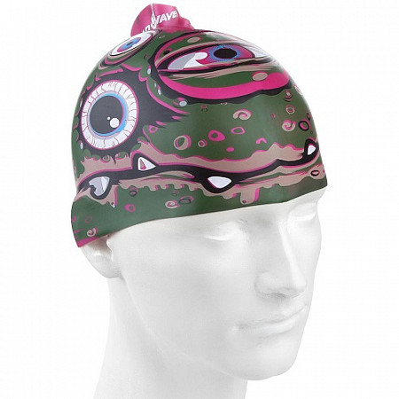 Шапочка для бассейна (плавания) детская Mad Wave Silicone Printed Junior with fin Monstra green/pink
