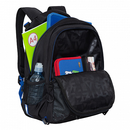 На картинке изображен Рюкзак школьный GRIZZLY RB-056-1 /4 black/blue/grey Рюкзак школьный GRIZZLY RB-056-1 /4 black/blue/grey