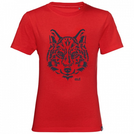 На картинке изображен Футболка детская Jack Wolfskin Brand T Kids peak red Футболка детская Jack Wolfskin Brand T Kids peak red