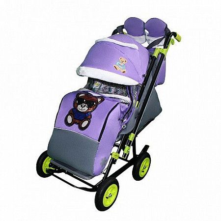 Санки-коляска Snow Galaxy City-2-1 Мишка в синем на фиолетовом на больших надувных колёсах+сумка