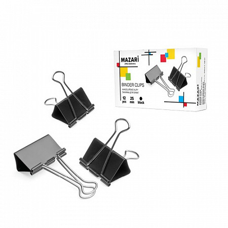 На картинке изображен Зажимы для бумаг Mazari 25 мм М-6896 black Зажимы для бумаг Mazari 25 мм М-6896 black