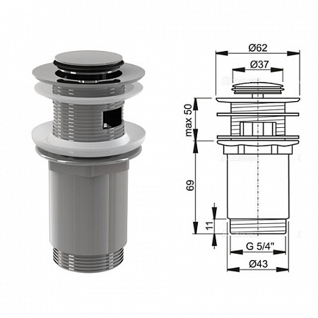 Водослив Alcaplast для умывальника click/clack 5/4, цельнометаллический с малой заглушкой A391
