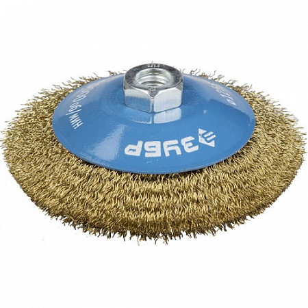 На картинке изображен Щетка коническая гофрированная Зубр d=125 мм/М14 35267-125_z02 Щетка коническая гофрированная Зубр d=125 мм/М14 35267-125_z02