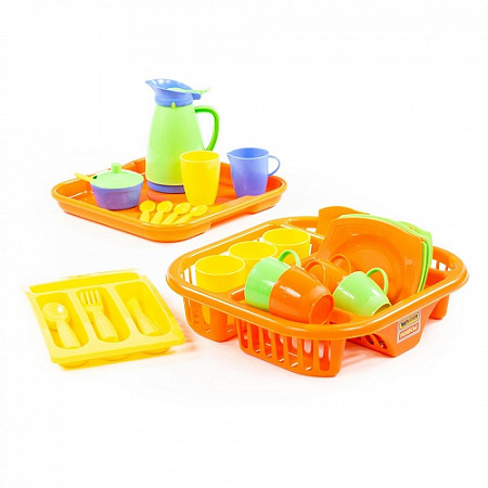 На картинке изображен Набор детской посуды Полесье с сушилкой 40718 Набор детской посуды Полесье с сушилкой 40718