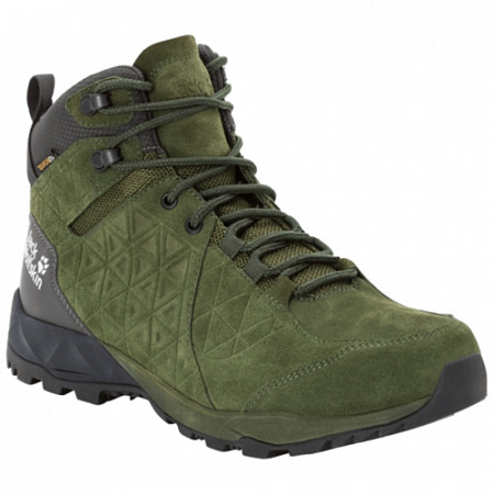 На картинке изображен Ботинки мужские Jack Wolfskin Cascade Hike Lt Texapore Mid M dark moss / phantom Ботинки мужские Jack Wolfskin Cascade Hike Lt Texapore Mid M dark moss / phantom