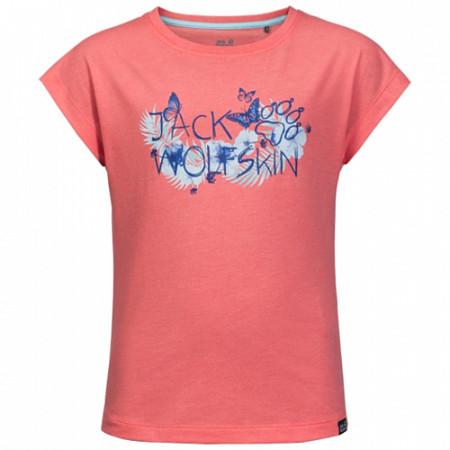 На картинке изображен Футболка детская Jack Wolfskin Brand T Girls sugar coral Футболка детская Jack Wolfskin Brand T Girls sugar coral
