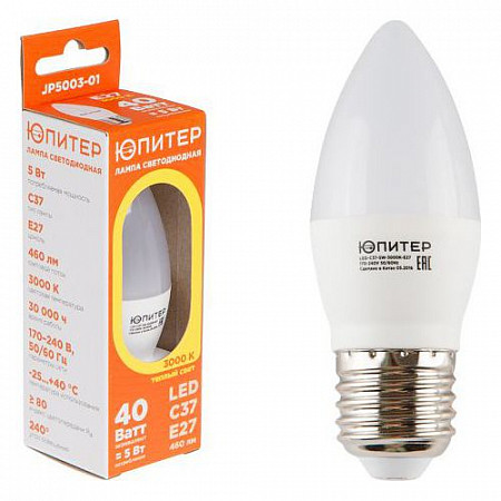 На картинке изображен Лампа светодиодная Юпитер C37 Свеча 5 Вт 170-240В E27 3000К JP5003-01 Лампа светодиодная Юпитер C37 Свеча 5 Вт 170-240В E27 3000К JP5003-01