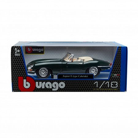 На картинке изображен Машинка Bburago 1:18 Jaguar E Cabriolet 1961 (18-12046) green Машинка Bburago 1:18 Jaguar E Cabriolet 1961 (18-12046) green