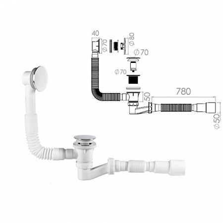 Сифон Nova для ванны click/clack, с гибкой трубой 1 1/2" - 40/50мм 1542