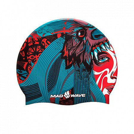 На картинке изображен Шапочка для бассейна (плавания) взрослая Mad Wave Tribe Silicone Printed red/blue Шапочка для бассейна (плавания) взрослая Mad Wave Tribe Silicone Printed red/blue