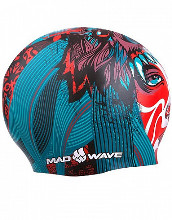 На картинке изображен Шапочка для бассейна (плавания) взрослая Mad Wave Tribe Silicone Printed red/blue Шапочка для бассейна (плавания) взрослая Mad Wave Tribe Silicone Printed red/blue