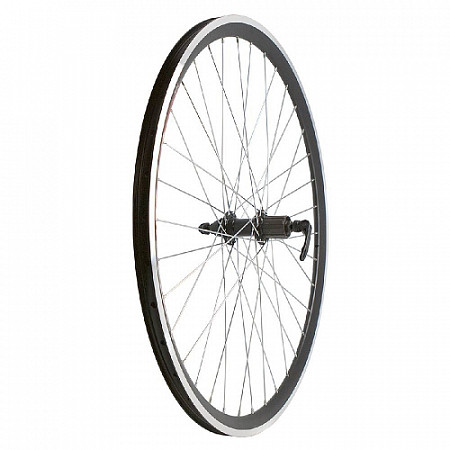 На картинке изображен Заднее колесо 28", обод двойной black, втулка, под кассету 8-9ск,с эксцентриком, black ZXX18483 Заднее колесо 28", обод двойной black, втулка, под кассету 8-9ск,с эксцентриком, black ZXX18483